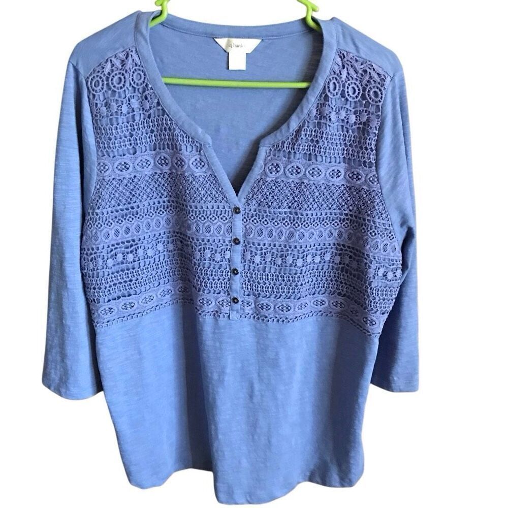 Cj banks size 1X blue top shirt 3/4 sleeve crochet lace